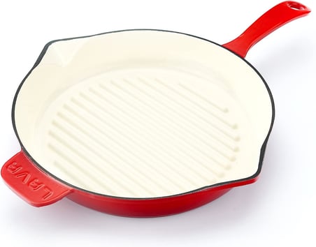 Lexroo Metal Saplı 28 cm Kırmızı İç Krem Döküm Yuvarlak Izgara Tava