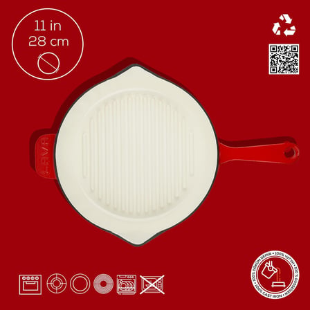 Lexroo Metal Saplı 28 cm Kırmızı İç Krem Döküm Yuvarlak Izgara Tava