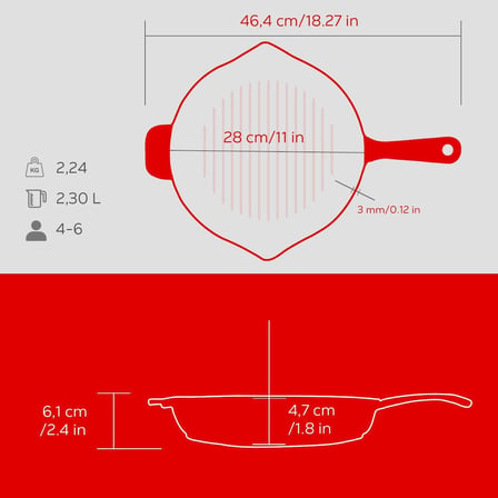 Lexroo Metal Saplı 28 cm Kırmızı İç Krem Döküm Yuvarlak Izgara Tava