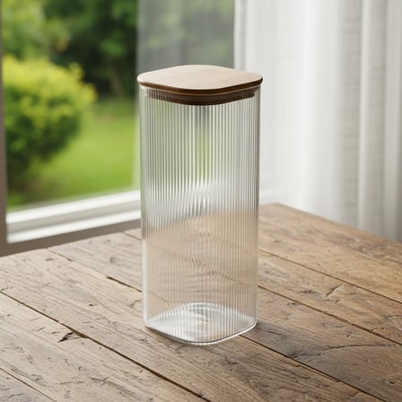 Lexroo 10x25 cm Bambu Kapaklı Kare Cam Saklama Kavanozu
