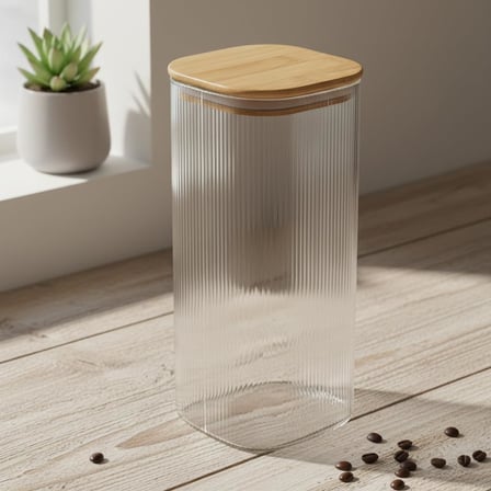 Lexroo 10x25 cm Bambu Kapaklı Kare Cam Saklama Kavanozu