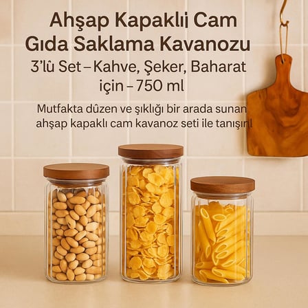 Lexroo Ahşap Kapaklı Cam Gıda Saklama Kavanozu Vakum Kapaklı Büyük Boy Erzak Bakliyat Seti 3'lü Set