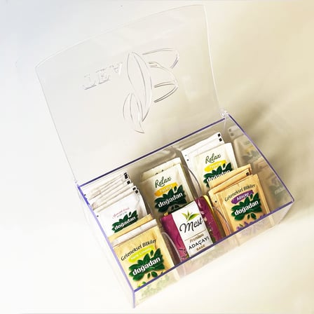 Lexroo Evonox 6 Bölmeli Şeffaf Poşet Çay Kutusu, Akrilik Şeffaf Poşet Çay Kutusu