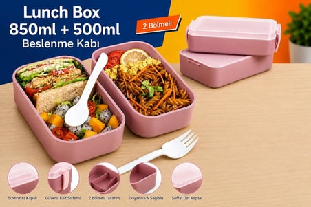 Lexroo DORDOİ ASTRALLİFE 2 Katlı Beslenme Kabı 850 ml + 500 ml Bölmeli Lunch Box Çatal Kaşık Seti