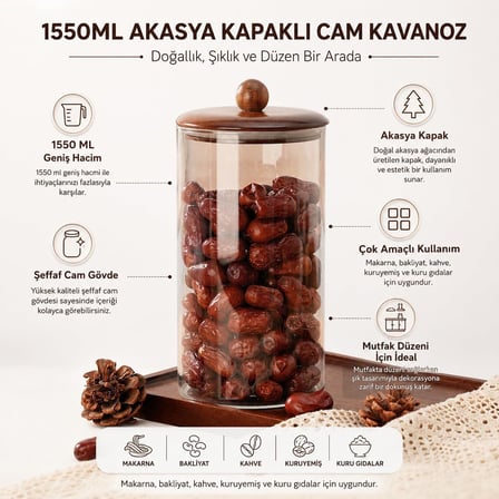Lexroo 1550 ml Akasya Kapaklı Cam Kavanoz, Şeffaf Cam Saklama Kavanozu
