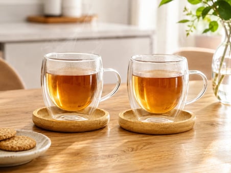 Lexroo 2'li Çift Cidarlı Cam Kupa 90 ml & Bambu Tabak Seti