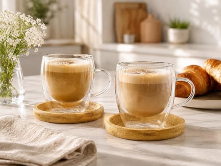 Lexroo 2'li Çift Cidarlı Cam Kupa 90 ml & Bambu Tabak Seti