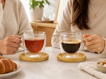 Lexroo 2'li Çift Cidarlı Cam Kupa 90 ml & Bambu Tabak Seti
