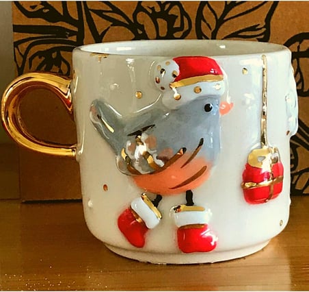 Lexroo 24 Ayar Altın Işlemeli Noel Yılbaşı Kuşu Kabartmalı, El Yapımı 240 Ml Mug Enk240