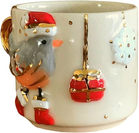 Lexroo 24 Ayar Altın Işlemeli Noel Yılbaşı Kuşu Kabartmalı, El Yapımı 240 Ml Mug Enk240