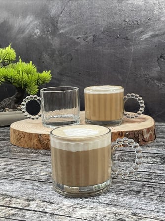 Lexroo 3 Lü Cam Boncuk Kulplu Bardak Kupa Çay Kahve Meşrubat Bardağı 325ml