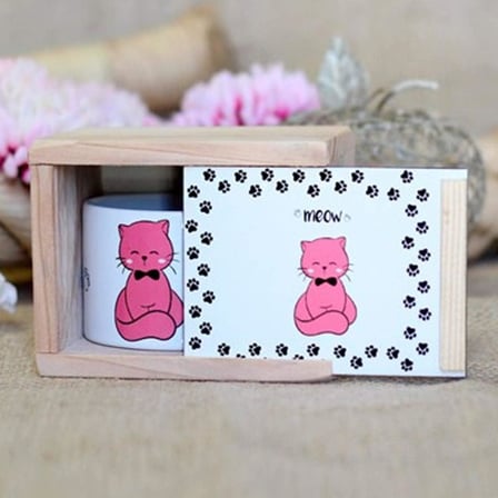 Lexroo Ahşap Kutusunda Sevimli Kedi Kupa Bardak
