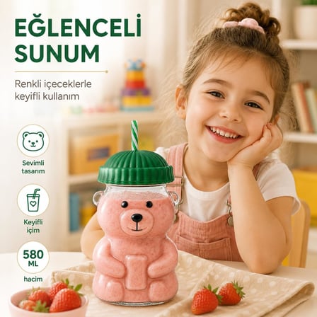 Lexroo Ayıcıklı Cam Bardak 580 ml - Pipetli Kapaklı Borosilikat İçecek Bardağı - YEŞİL