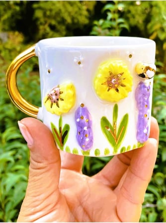 Lexroo Premium Kalite 24 Ayar Altın Detaylı El Yapımı Papatya Kabartmalı Mug 200 Ml Flower Daisy
