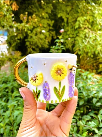 Lexroo Premium Kalite 24 Ayar Altın Detaylı El Yapımı Papatya Kabartmalı Mug 200 Ml Flower Daisy
