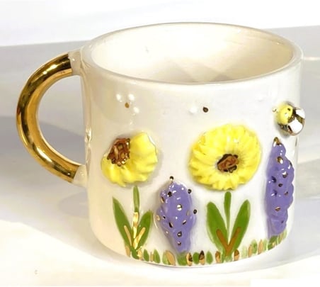 Lexroo Premium Kalite 24 Ayar Altın Detaylı El Yapımı Papatya Kabartmalı Mug 200 Ml Flower Daisy
