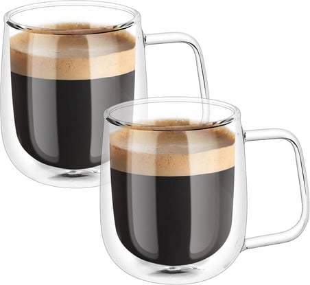 Lexroo 2 Adet 250 ml Çift Cidarlı Borosilikat Cam Kupa Bardak Termisil Isıya Dayanıklı Şeffaf Kahve