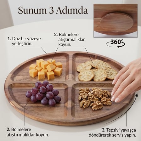 Lexroo 4 Bölmeli 360° Dönerli Akasya Ahşap Sunum Tabağı, 30 cm Çap, 2,2 cm Kalınlık