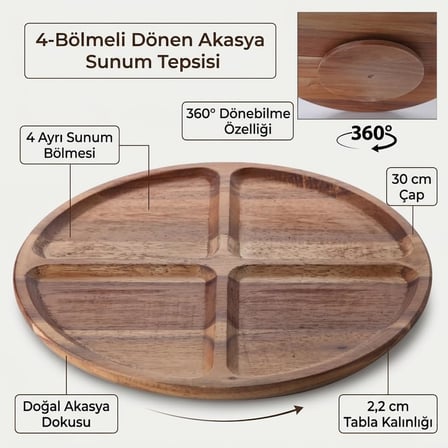 Lexroo 4 Bölmeli 360° Dönerli Akasya Ahşap Sunum Tabağı, 30 cm Çap, 2,2 cm Kalınlık