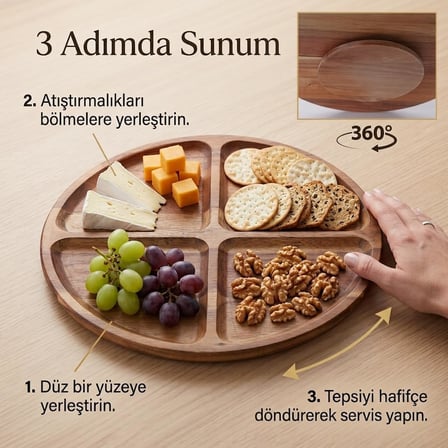 Lexroo 4 Bölmeli 360° Dönerli Akasya Ahşap Sunum Tabağı, 30 cm Çap, 2,2 cm Kalınlık