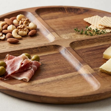 Lexroo 4 Bölmeli 360° Dönerli Akasya Ahşap Sunum Tabağı, 30 cm Çap, 2,2 cm Kalınlık