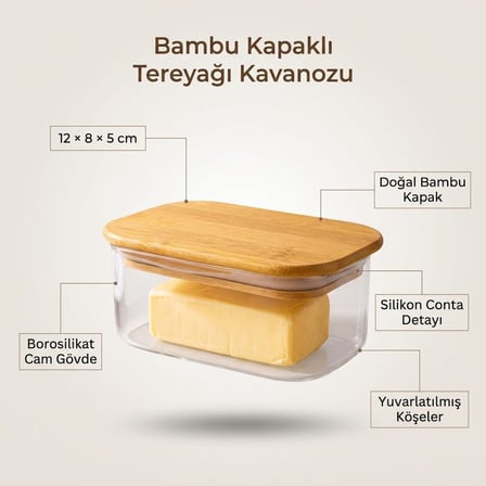 Lexroo Bambu Kapaklı Borosilikat Cam Tereyağı Kavanozu 12 × 8 × 5 cm, Dikdörtgen Şeffaf Tereyağlık