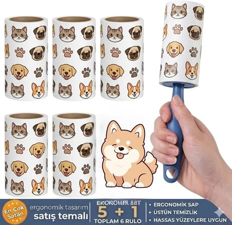 Lexroo Tüy Toplayıcı Roller Seti, 6 Rulo, Kedi ve Köpek Tüyü Temizleyici, Ergonomik Sap