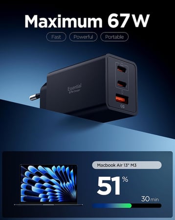 Lexroo 67W USB-C + USB-A 3 Port Hızlı Şarj Aleti PPS 3.0 Super Hızlı Şarj GaN Pro Isı - ACH09458