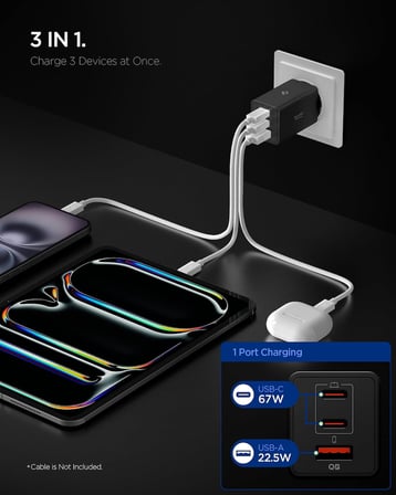 Lexroo 67W USB-C + USB-A 3 Port Hızlı Şarj Aleti PPS 3.0 Super Hızlı Şarj GaN Pro Isı - ACH09458