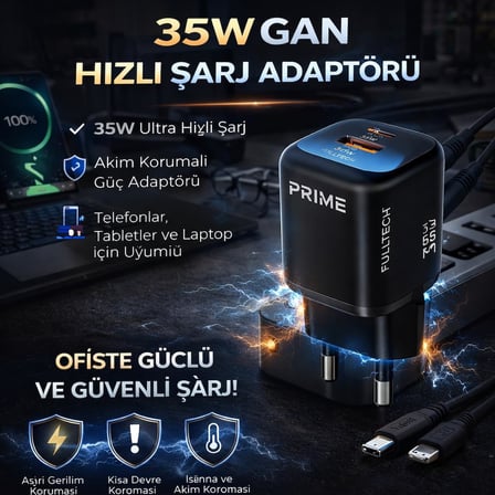 Lexroo 35W Gan Hızlı Şarj Adaptörü, Hızlı Şarj Başlığı,1x Type-C Girişi, 1x Usb Girişi