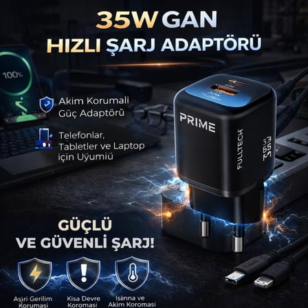 Lexroo 35W Gan Hızlı Şarj Adaptörü, Hızlı Şarj Başlığı,1x Type-C Girişi, 1x Usb Girişi