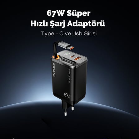 Lexroo 67w GaN Hızlı Şarj Adaptörü, Şarj Cihazı, 1x Type-C Girişi, 1x Usb Girişi, Dijital Gösterge
