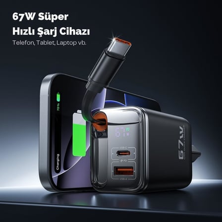 Lexroo 67w GaN Hızlı Şarj Adaptörü, Şarj Cihazı, 1x Type-C Girişi, 1x Usb Girişi, Dijital Gösterge