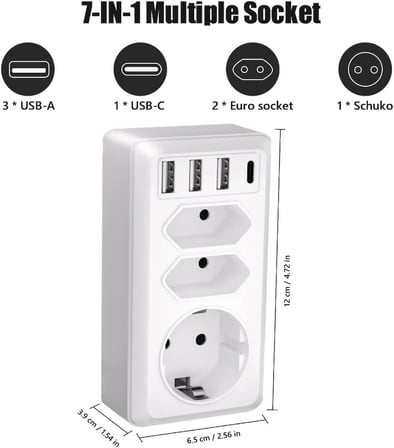 Lexroo 7'si 1 arada çoklu priz, USB priz, Type-C + 3 Usb'li Çoklu Priz