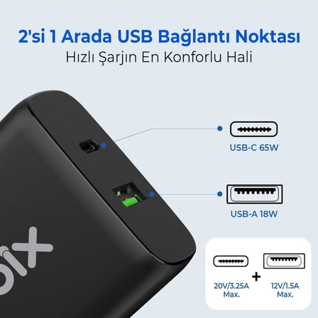 Lexroo BX2P65G GaN PD 65W Type-C ve USB-A QC 18W Çift Portlu Akım Korumalı Hızlı Şarj Cihazı Siyah