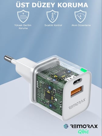 Lexroo Qbic PD 30Watt GaN Hızlı Şarj Aleti, A + C Girişli, Beyaz, Dual Port, USB A ve Type C