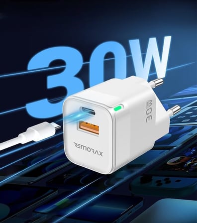 Lexroo Qbic PD 30Watt GaN Hızlı Şarj Aleti, A + C Girişli, Beyaz, Dual Port, USB A ve Type C