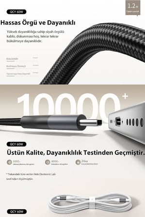 Lexroo Type-C Şarj Kablosu 60W 1.2 Metre Halat Örgü 480Mbps Kırılmaz Bükülmez Data Kablosu