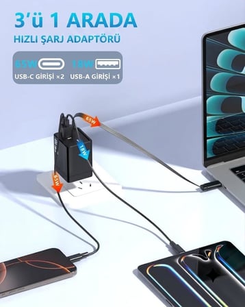 Lexroo YK83 65W Type-C Süper Hızlı Şarj Adaptörü ile Geri Çekilebilir Kablo