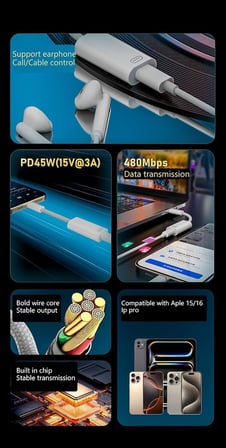 Lexroo 45W Type C to Lightning Kulaklık Dönüştürücü Hızlı Şarj iPhone iPad Macbook Yuva Çevirici