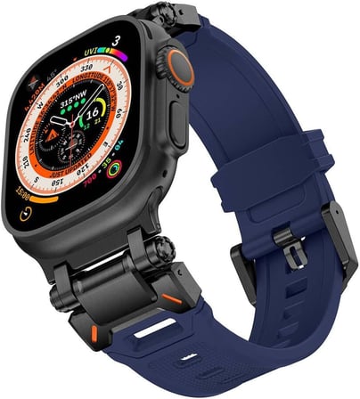 Lexroo Aple İle Uyumlu Watch 42mm KRD-101 Titanyum Metal Başlıklı Silikon Kordon Siyah-Mavi