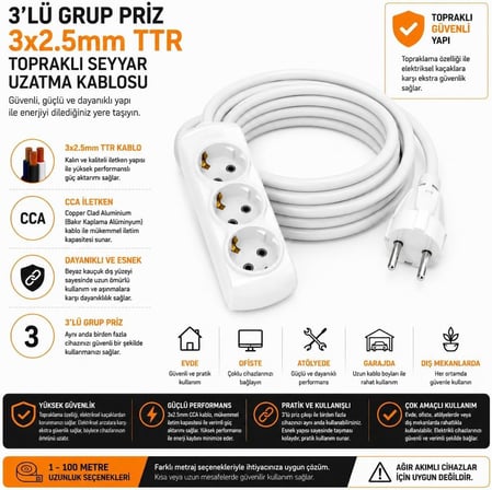 Lexroo 2 Metre Uzatma Kablosu, Topraklı Elektrik Uzatma Kablosu