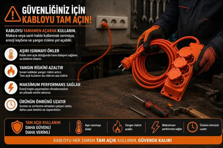 Lexroo 3'lü Seyyar Uzatma Kablosu, Kapaklı, TTR Kablo, IP44, Topraklı Grup Priz, Ağır Hizmet Tipi