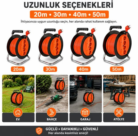 Lexroo Makaralı Uzatma Kablosu 3x2.5mm- 20m/30m/40m/50m | Güçlü ve Dayanıklı (50 METRE)