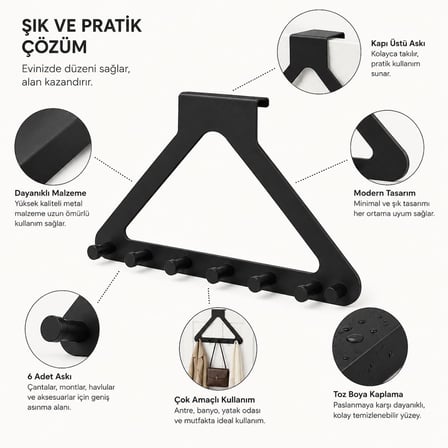 Lexroo Siyah Kapı Arkası 6 Kancalı Modern Askı Üçgen Tasarımlı Kapı Askılığı Metal Düzenleyici Çok