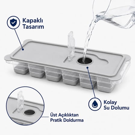 Lexroo Kapaklı Plastik Buz Kalıbı Silikon Tabanlı 12li Buzmatik Kolay Çıkarılır Ve Doldurulabilir