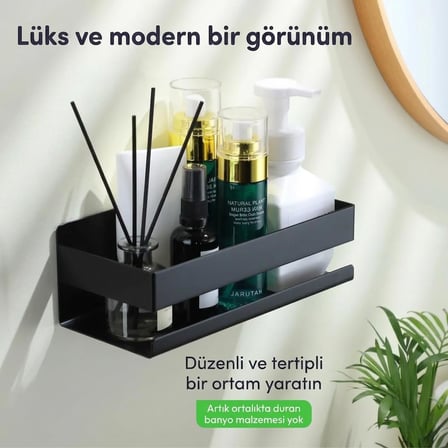 Lexroo ® Siyah Paslanmaz Metal Banyo Rafı - 3M Yapışkanlı Duş Rafı ve Mutfak Düzenleyici Organizer