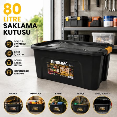 Lexroo Super Bag 80 L Kapaklı Saklama Kutusu, Ağır Hizmet Plastik Depolama Kutusu