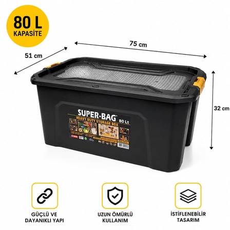 Lexroo Super Bag 80 L Kapaklı Saklama Kutusu, Ağır Hizmet Plastik Depolama Kutusu