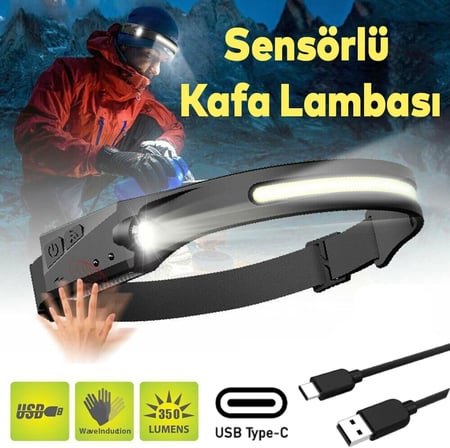 Lexroo Kafa Lambası Feneri Sensörlü LED Far USB Şarj Edilebilir 18.650mAh Ultra Yüksek Batarya